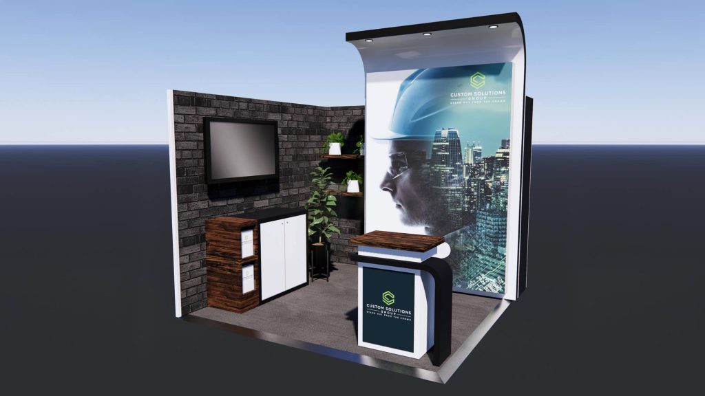 Custom exhibition stand package with inner urban finishes and custom reception counter.