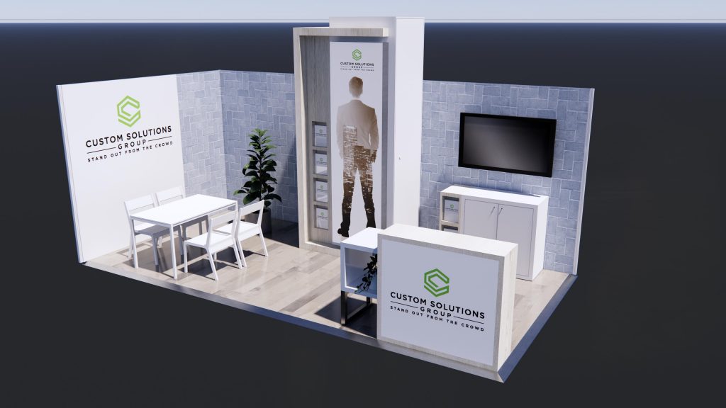 Corner exhibition stand upgrade package with natural finishes, with seating area and branded reception counter.
